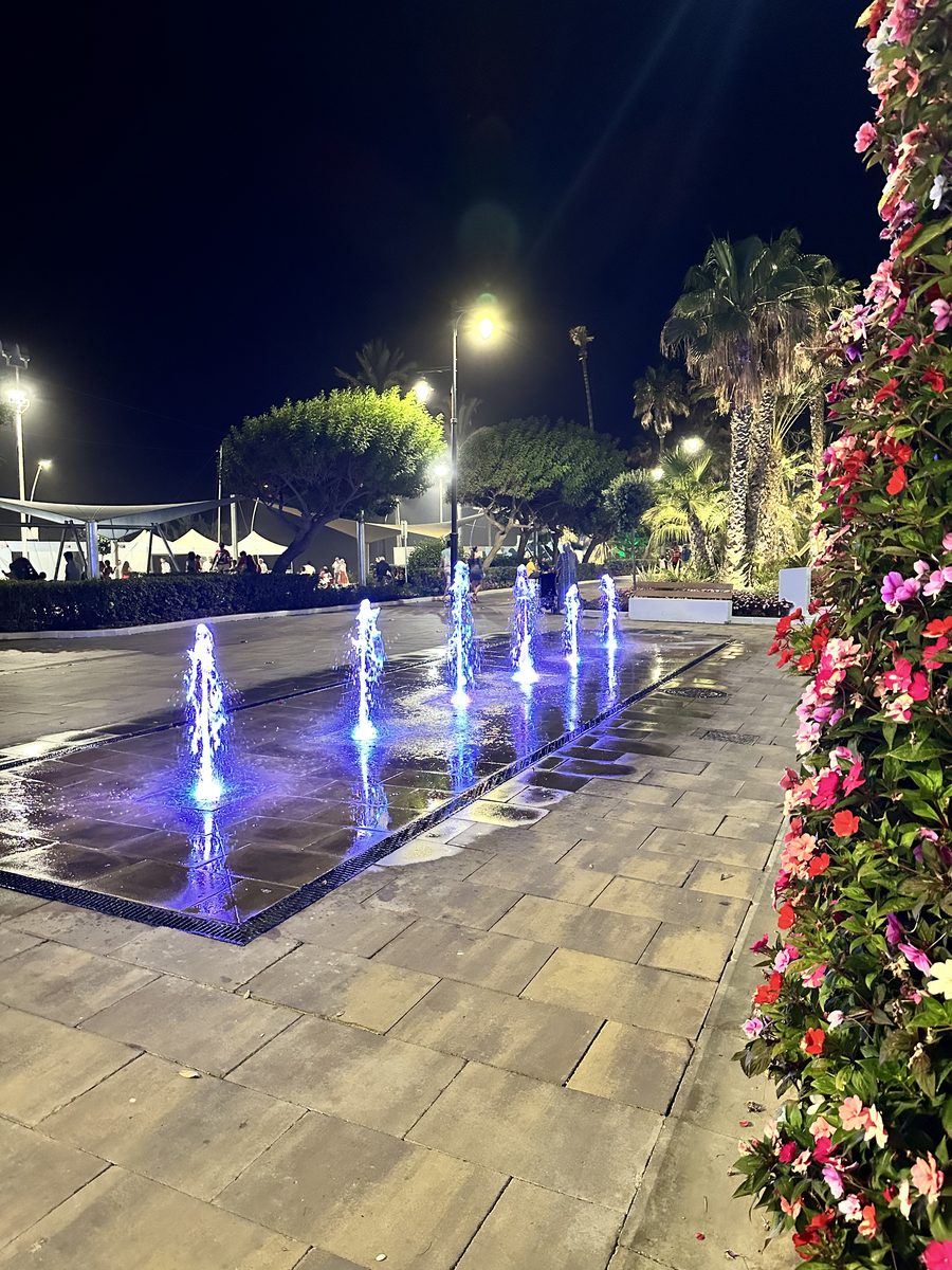 Lit fountains and flowers on the Estepona promenade at night